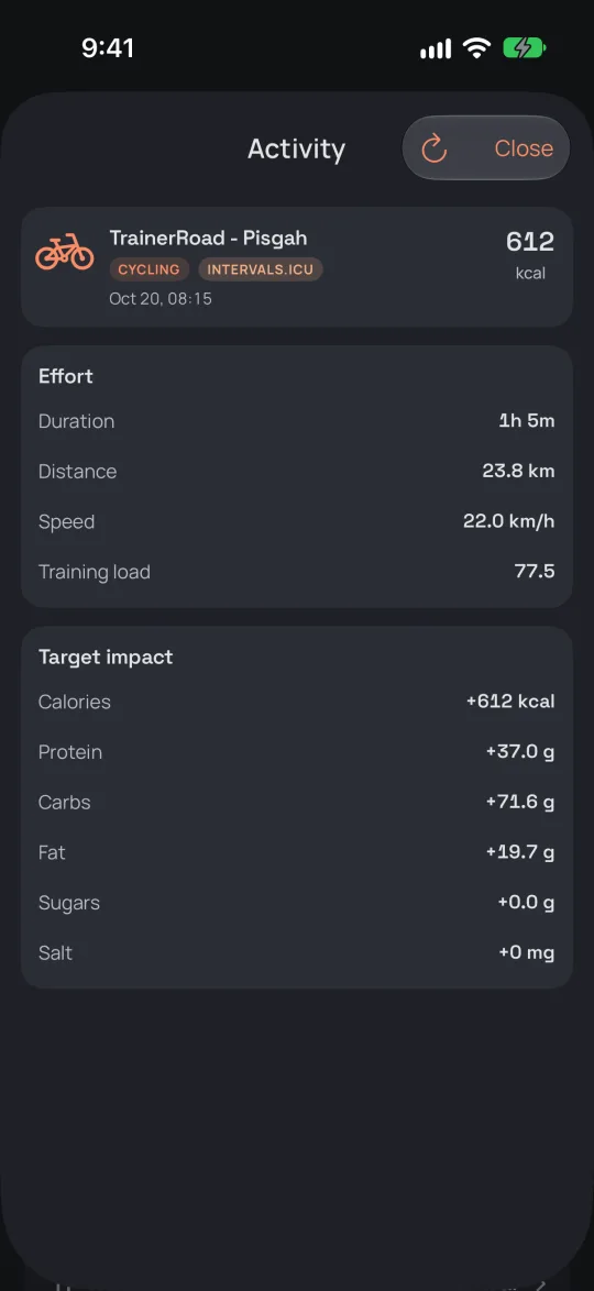 Sitos iPhone app — an Intervals.icu activity and the calories and macros it adds to the day