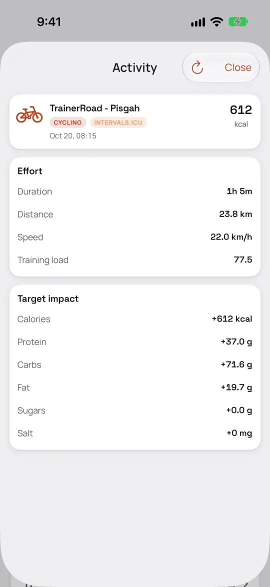Sitos iPhone app — an Intervals.icu activity and the calories and macros it adds to the day