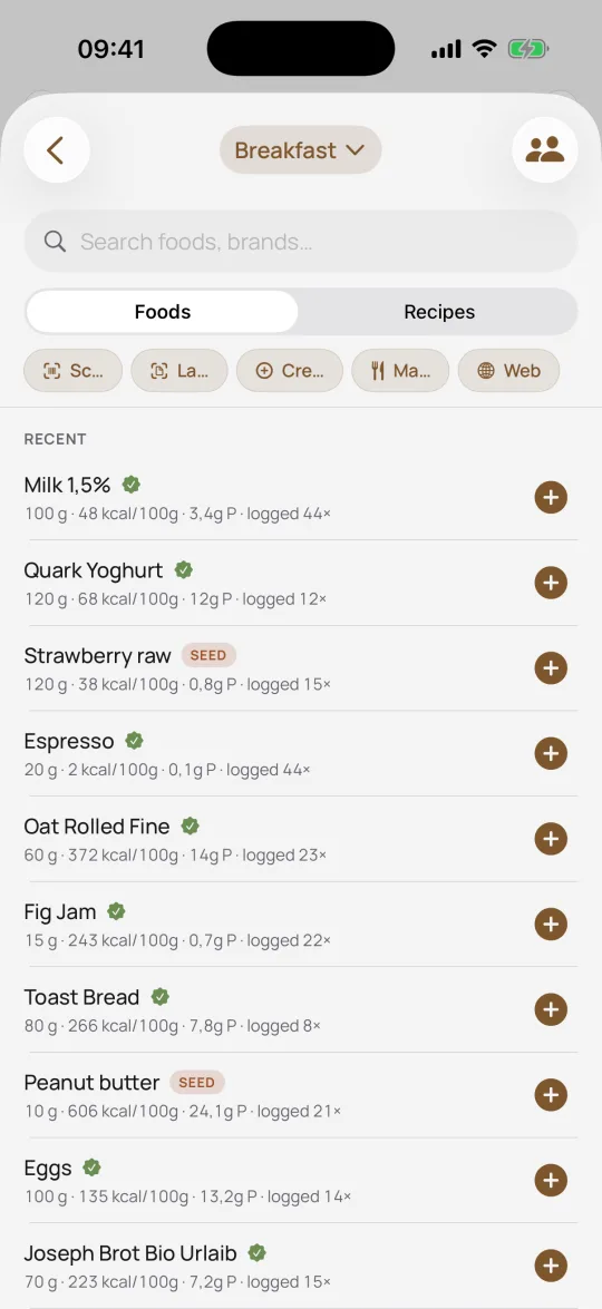 Sitos iPhone app — quick-log panel with recent foods, portions, and verified badges