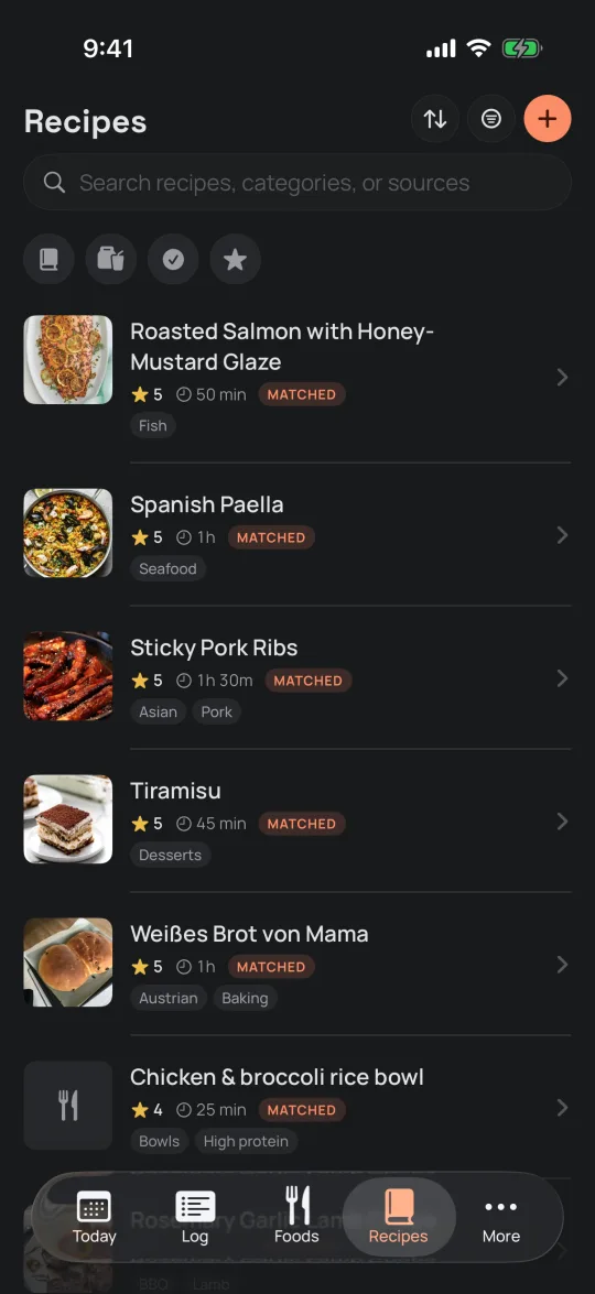 Sitos iPhone app — recipes with cover photos, ratings, and food matches