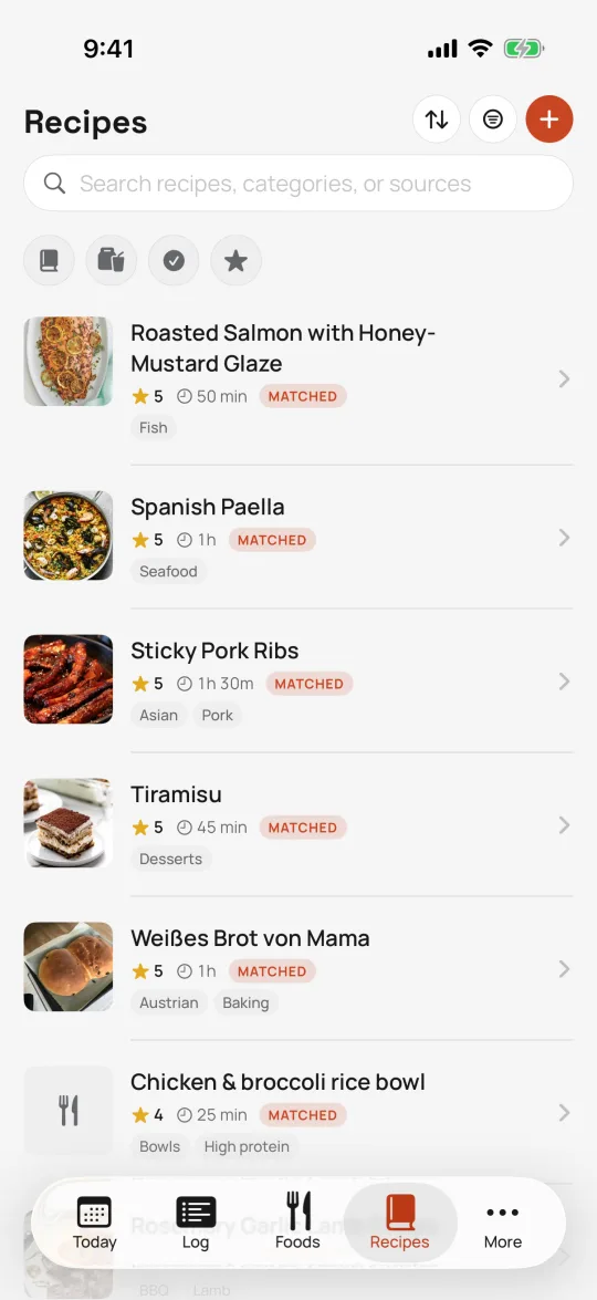 Sitos iPhone app — recipes with cover photos, ratings, and food matches