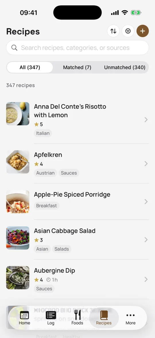 Sitos iPhone app — recipes with cover photos, ratings, and food matches