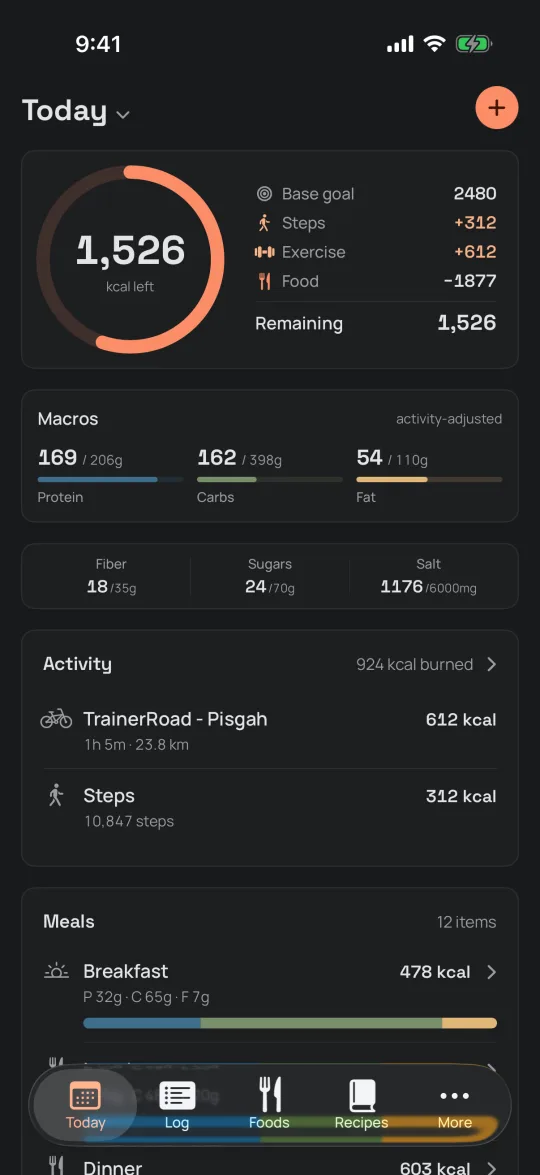 Sitos iPhone app — Today dashboard with the calorie ring, macros, and activity-adjusted goals