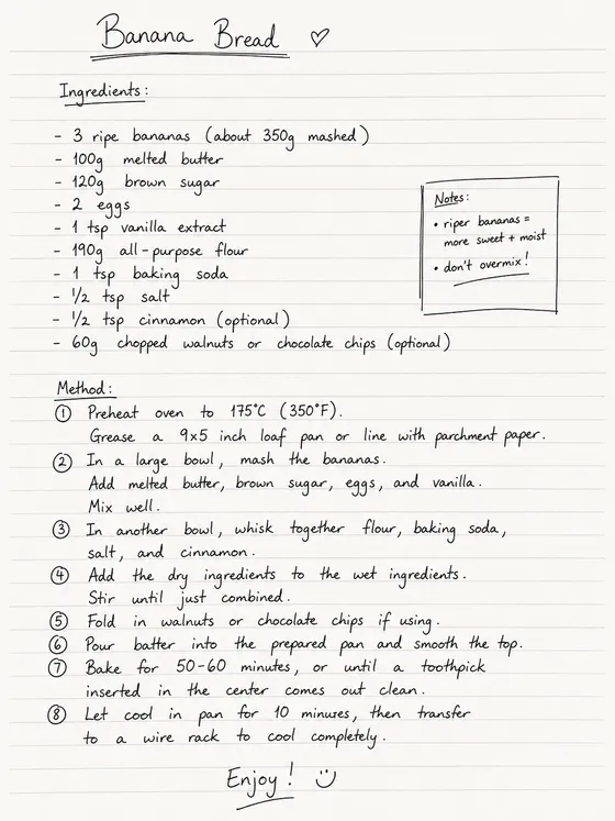 A handwritten banana-bread recipe card being read