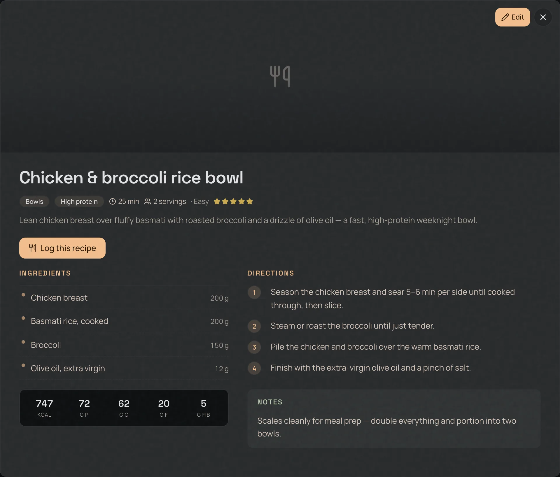 Recipe detail with matched ingredients and computed macros