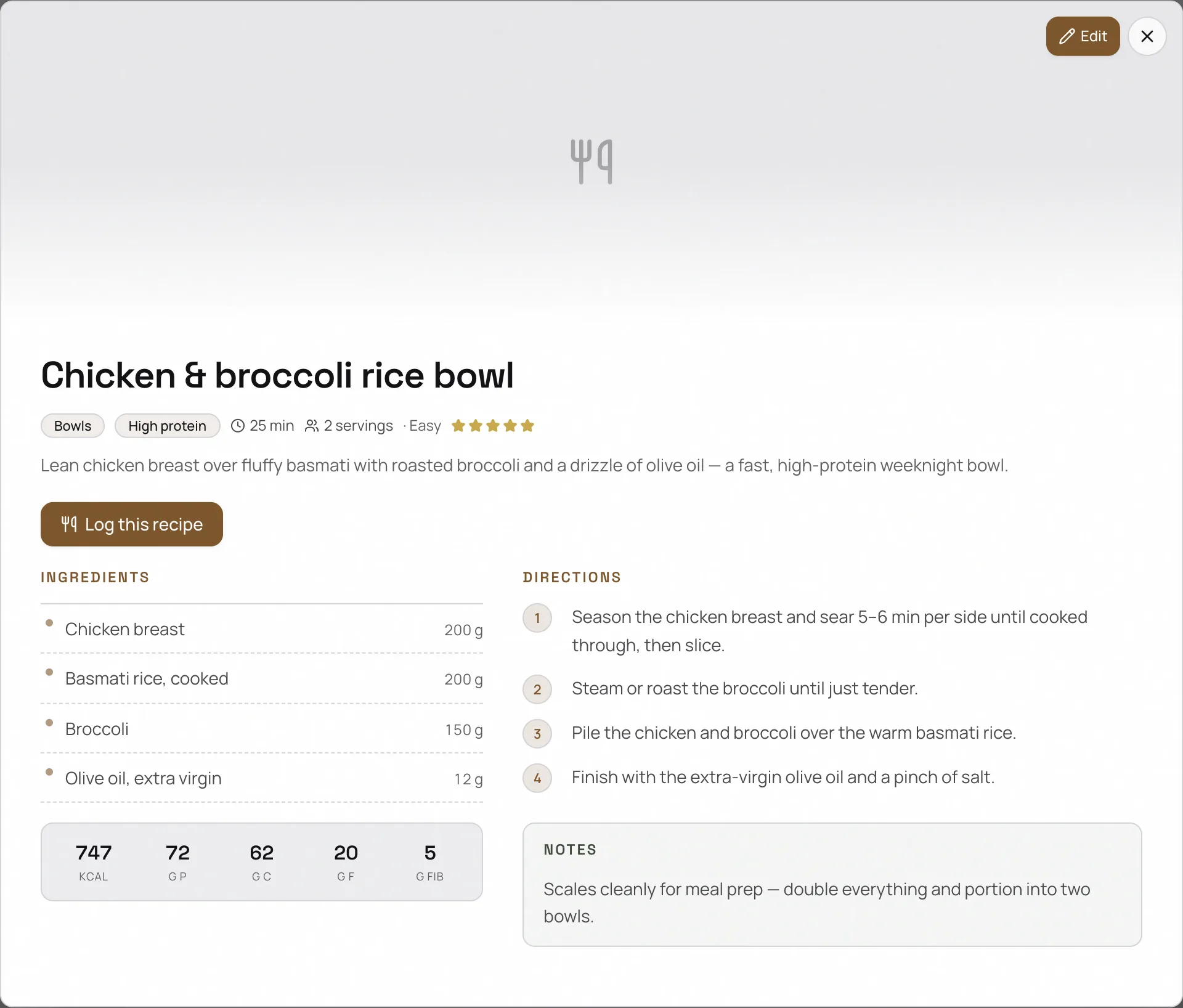 Recipe detail with matched ingredients and computed macros