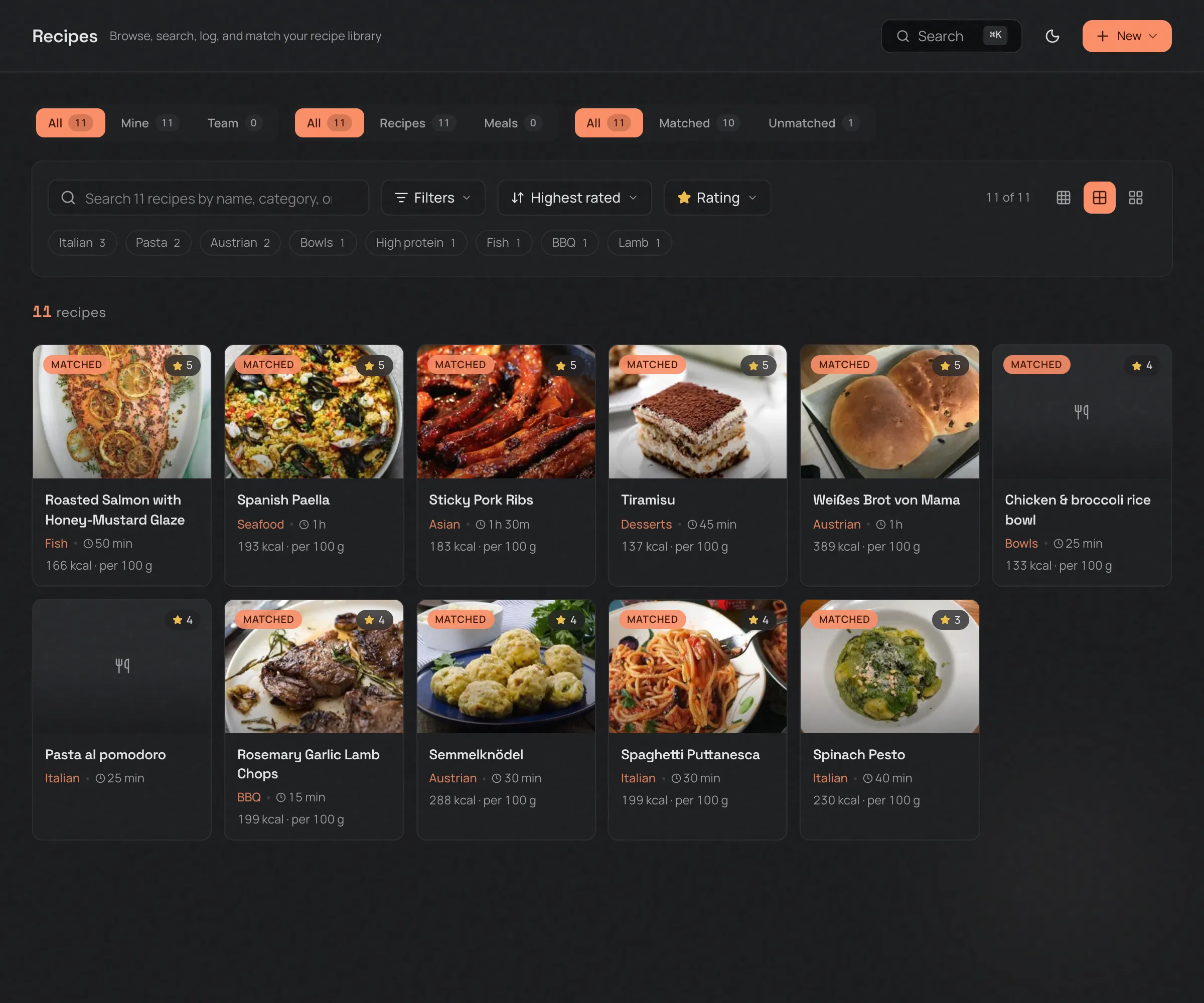 Recipe manager — recipes with cover photos, ratings, and categories
