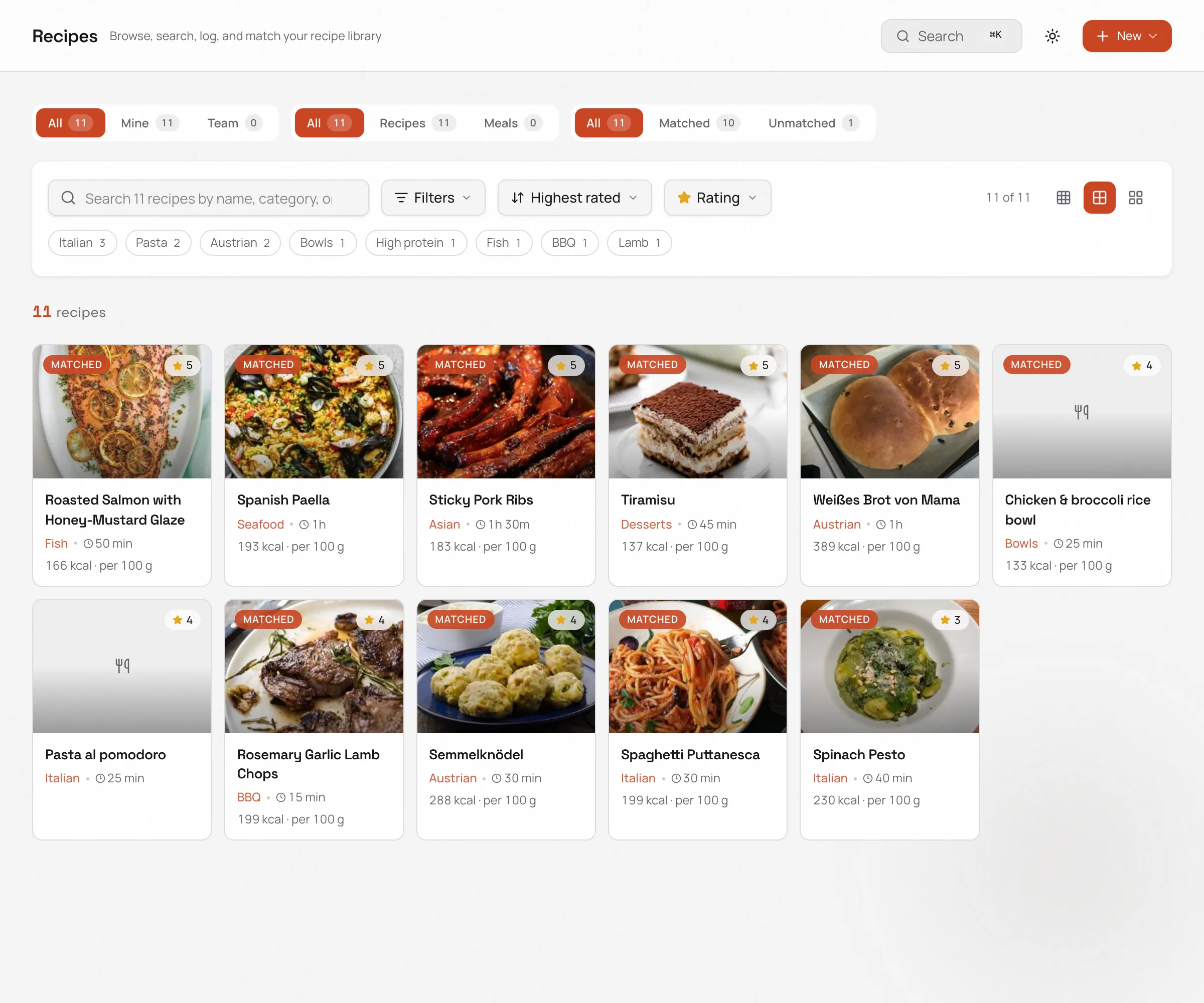 Recipe manager — recipes with cover photos, ratings, and categories